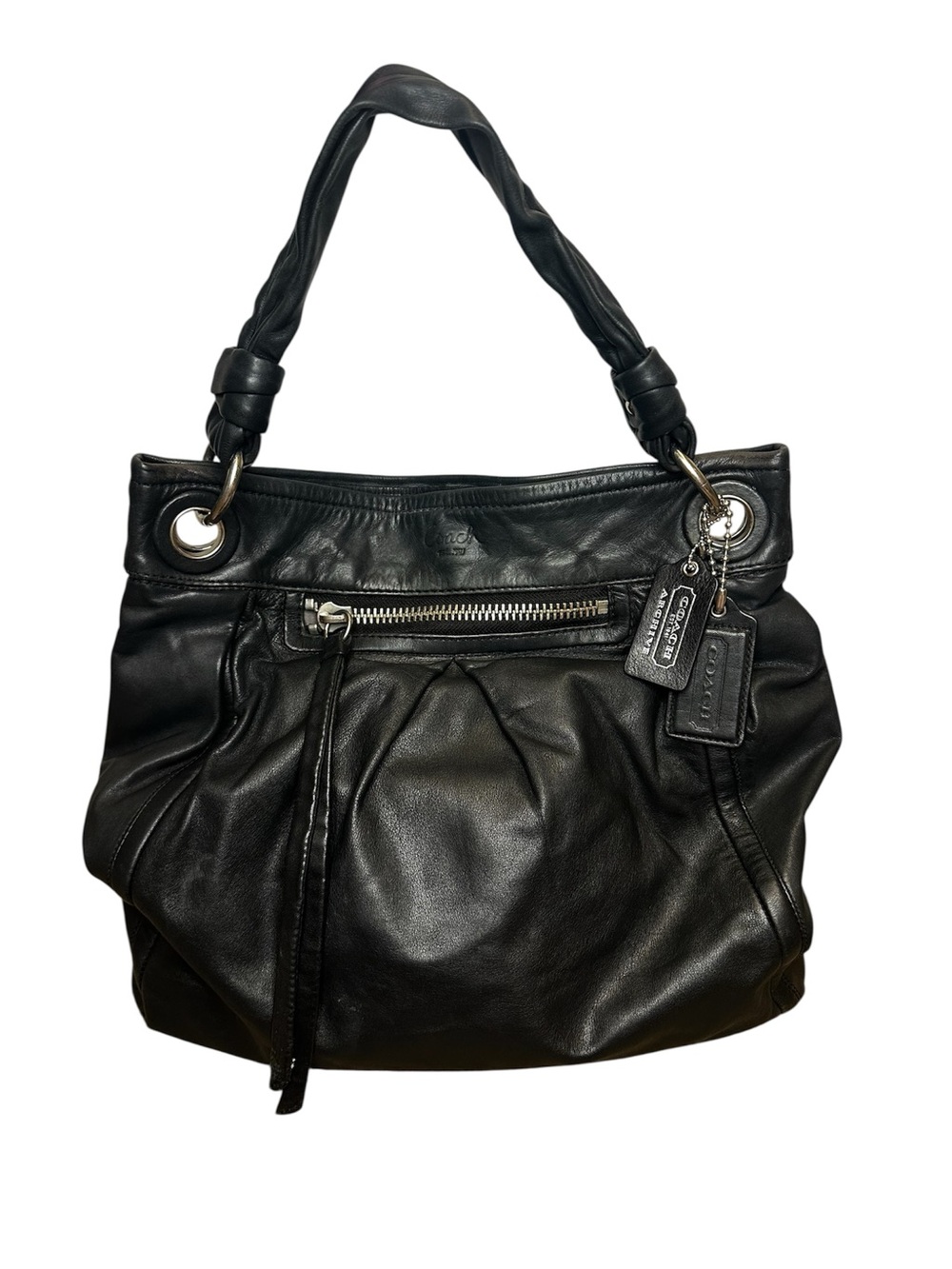 Coach Black Leather Braided-Handle Shoulder Bag with Zip Pocket